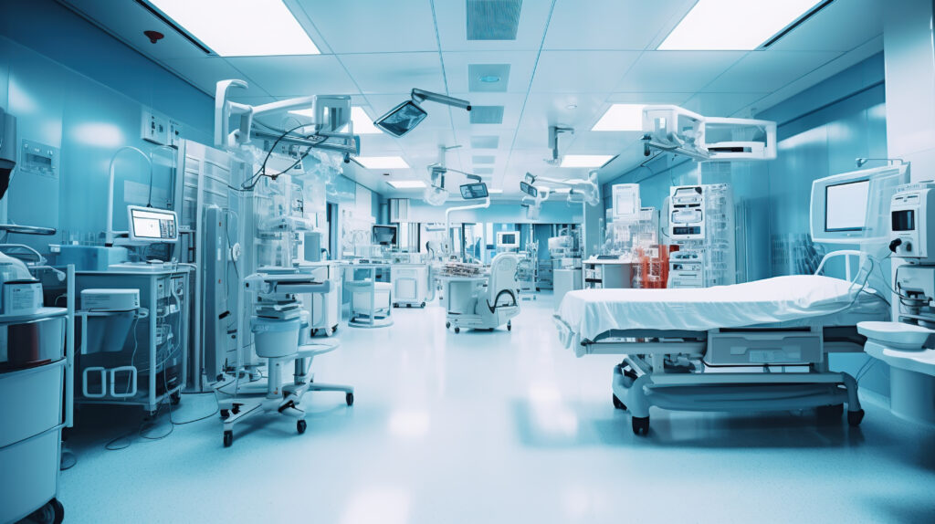 interior of modern emergency room with empty nurses station, generative ai